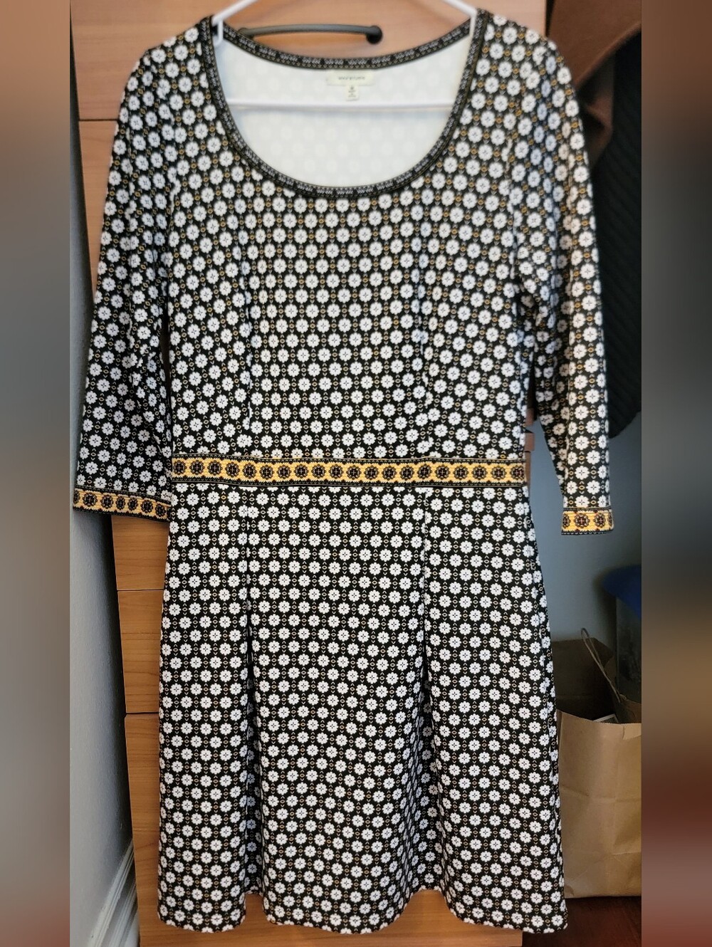 Max Studio Black & White Floral Long Sleeve Fit-and-Flare Dress with Yellow Trim